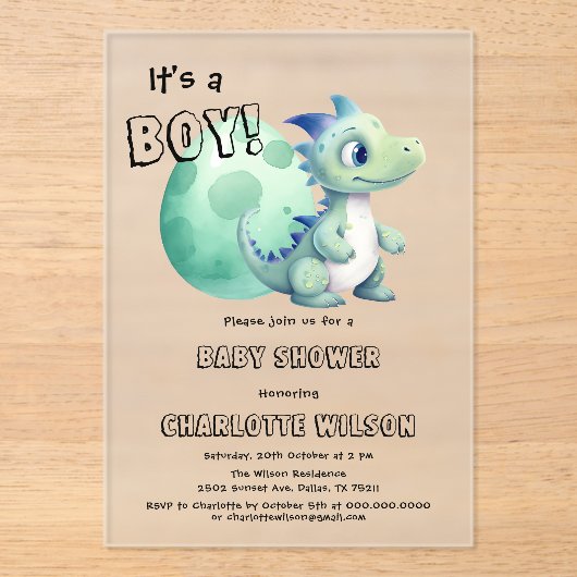 Het is een jongen! Schattigee dinosaurus met zijn  Acryl Uitnodigingen (Voorkant)