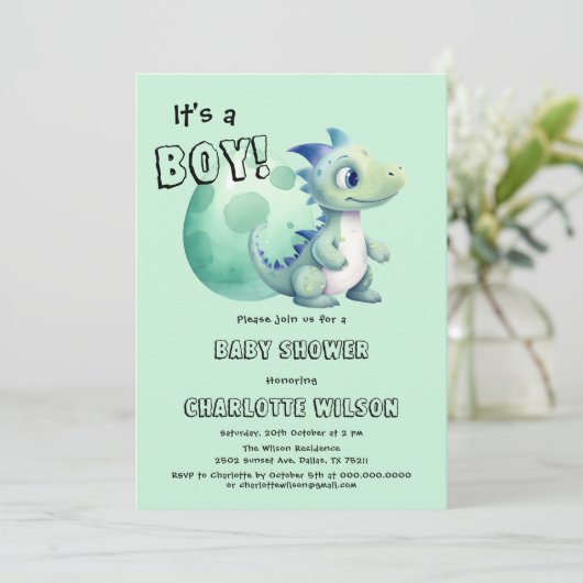 Het is een jongen! Schattigee dinosaurus met zijn  Kaart (Staand voorkant)