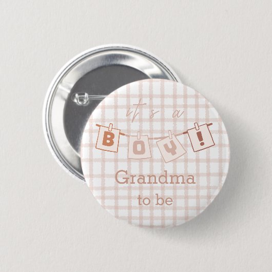 Het is een jongen! Schattigee Gingham Notedry Oma- Ronde Button 5,7 Cm (Voorkant /achterkant)