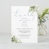 Het is een jongen Stof Blauw Groene Baby Shower Kaart (Staand voorkant)