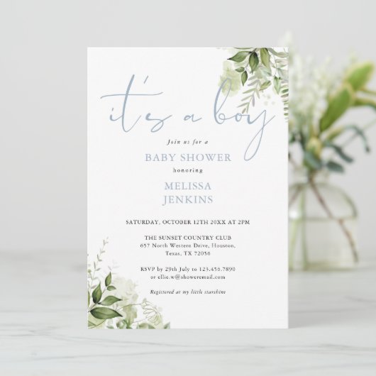 Het is een jongen Stof Blauw Groene Baby Shower Kaart (Staand voorkant)