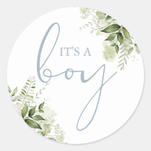 Het is een jongen Stofblauw groen baby shower favo Ronde Sticker