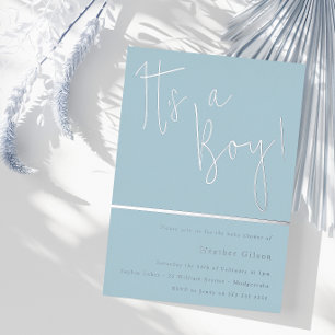 Het is een jongen! Stofblauw & Zilver Baby Shower Folie Uitnodiging