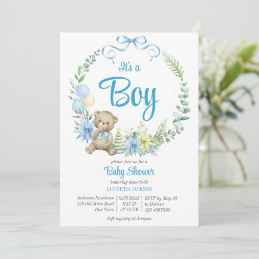 Het is een jongen teddybeer bloemboog babyshower kaart (Staand voorkant)