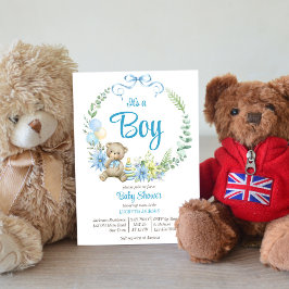 Het is een jongen teddybeer bloemboog babyshower kaart