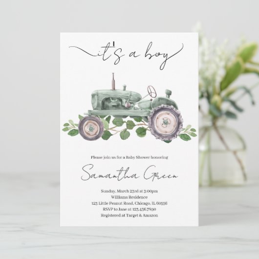 Het is een jongen tractor baby shower uitnodiging (Staand voorkant)