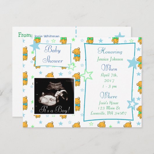 Het is een jongen, Ultrasound Pic Baby shower Invi Uitnodiging Briefkaart (Voorkant / Achterkant)