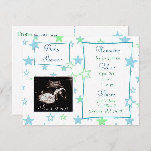 Het is een jongen, Ultrasound Pic Baby shower Invi Uitnodiging Briefkaart (Voorkant / Achterkant)
