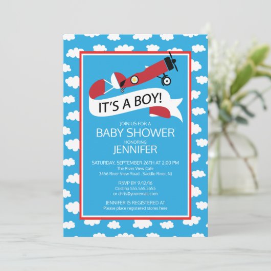 Het is een jongen! Vliegtuig Jongens Baby shower I Kaart (Staand voorkant)