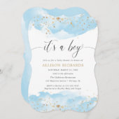 Het is een jongen waterverf blauw en goud baby sho kaart (Voorkant / Achterkant)