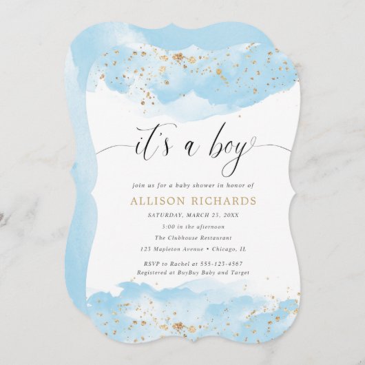 Het is een jongen waterverf blauw en goud baby sho kaart (Voorkant / Achterkant)