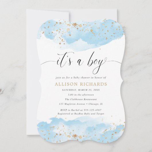 Het is een jongen waterverf blauw en goud baby sho kaart (Voorkant)