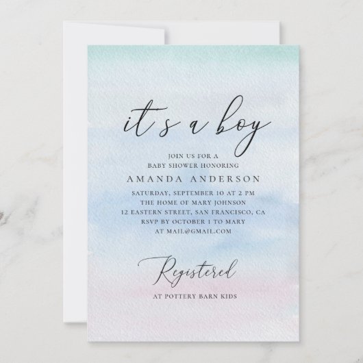 Het is een jongen. Waterverf blauw nautisch baby s Kaart (Voorkant)