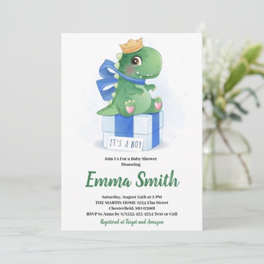 Het is een jongen waterverf dinosaurus baby shower kaart (Staand voorkant)