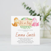 Het is een jongen waterverf dinosaurus babyfeest kaart (Staand voorkant)