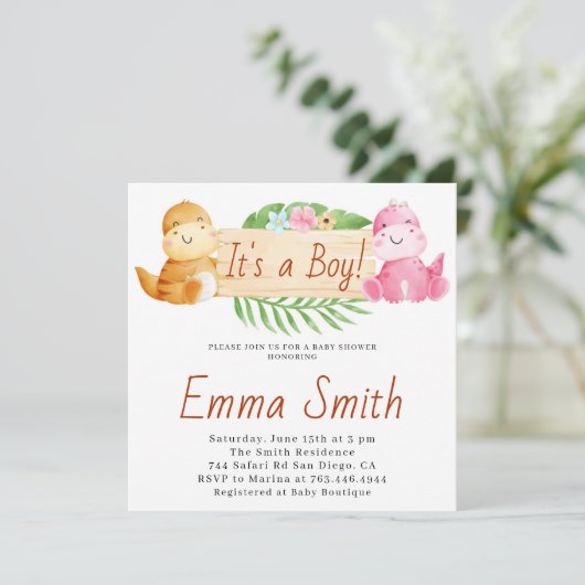 Het is een jongen waterverf dinosaurus babyfeest kaart (Staand voorkant)