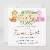 Het is een jongen waterverf dinosaurus babyfeest kaart (Voorkant)