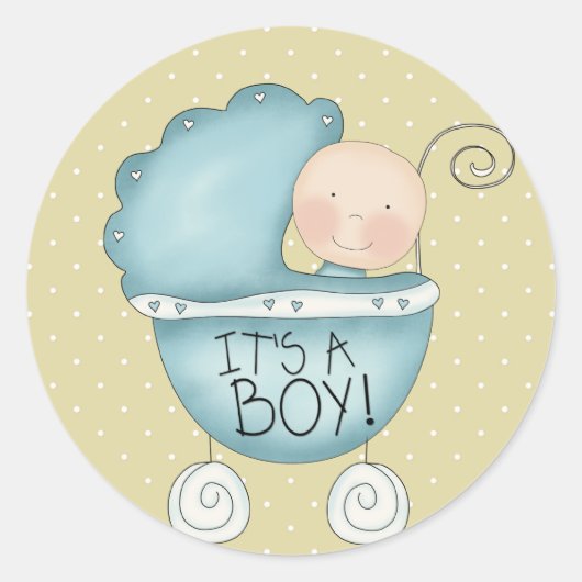 Het is een jongen! Whimsical Blue Baby Carriage Ronde Sticker (Voorkant)