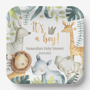 Het is een jongen Wild Giraffe Zebra Elephant Baby Papieren Bordje