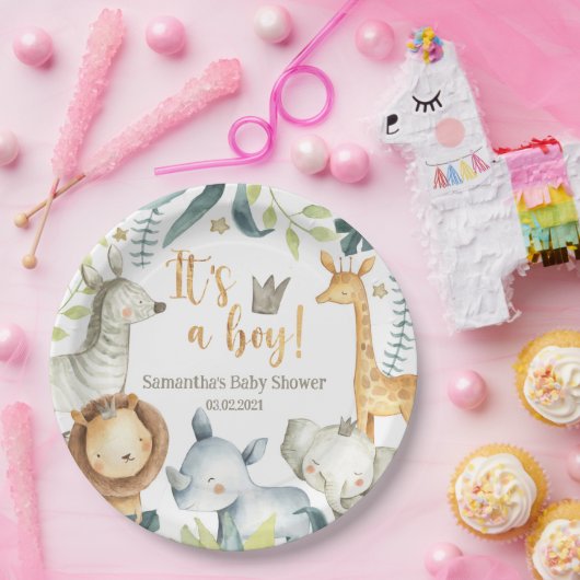 Het is een jongen Wild Giraffe Zebra Elephant Baby Papieren Bordje (Feest)