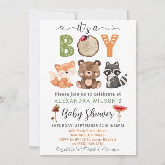 Het is een jongen Woodland Animals Baby shower Inv Kaart (Voorkant)