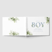 Het is een jongens baby shower met stoffig blauwe  gastenboek (Volledig)