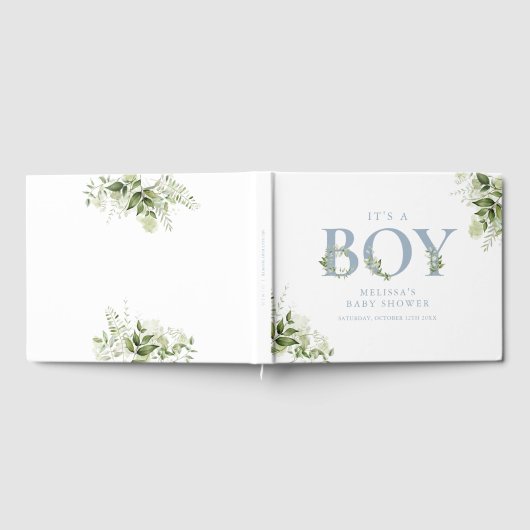 Het is een jongens baby shower met stoffig blauwe  gastenboek (Volledig)