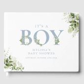 Het is een jongens baby shower met stoffig blauwe  gastenboek (Voorkant)