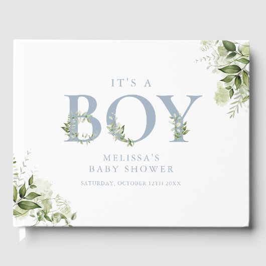 Het is een jongens baby shower met stoffig blauwe  gastenboek (Voorkant)