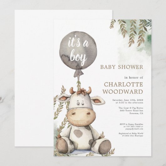Het Is Een Jongens Ballon Koe Baby Shower Kaart (Voorkant / Achterkant)
