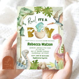 Het is een jongens dinosaurus baby shower kaart