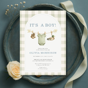 Het is een jongens eendenjacht waslijn baby shower kaart