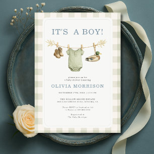 Het is een jongens eendjacht geruite babyshower kaart