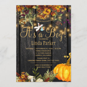 Het is een jongens herfst pompoen baby boy shower kaart