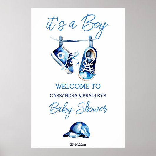 Het is een jongensblauw baby schoenen welkomstbord poster (Voorkant)