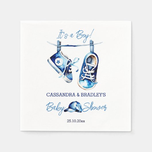 Het is een jongensblauw baby sportschoen pet baby  servet (Voorkant)