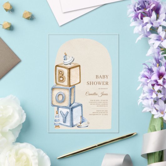 Het is een jongensblauw Boho-blokken en speelgoed- Acryl Uitnodigingen (Insitu (Huwelijk))