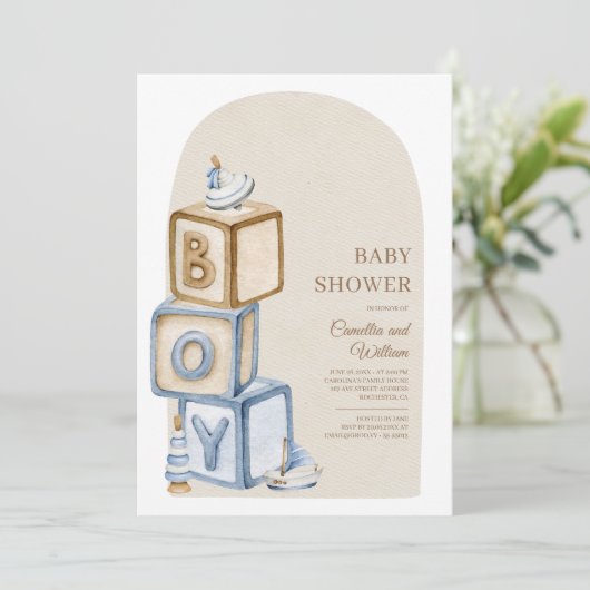 Het is een jongensblauw Boho-blokken en speelgoed- Kaart (Staand voorkant)