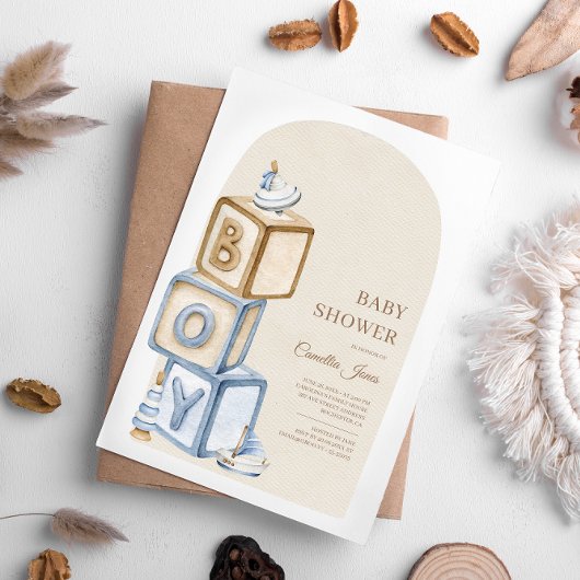 Het is een jongensblauw Boho-blokken en speelgoed- Kaart