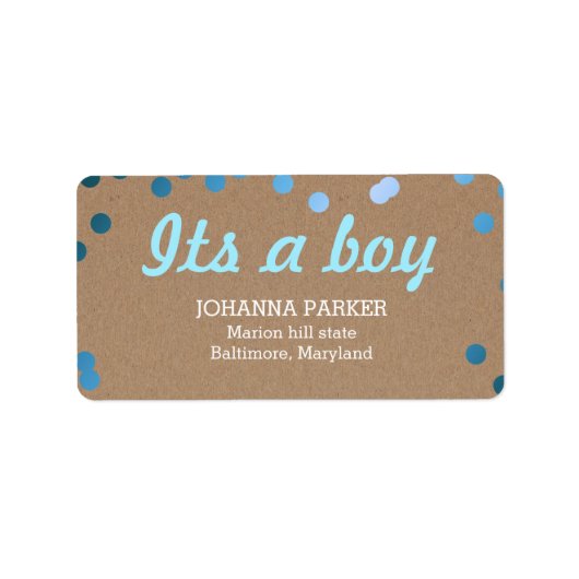 Het is een jongensblauw Confetti rustiek kraftpapi Etiket (Voorkant)