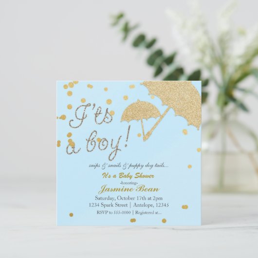 Het is een jongensblauw en gouden Baby shower Kaart (Staand voorkant)