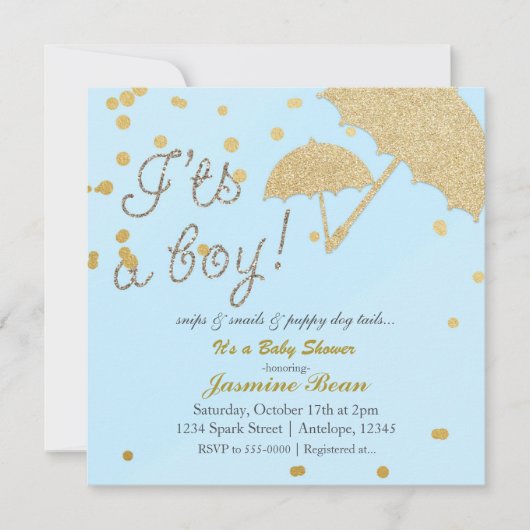 Het is een jongensblauw en gouden Baby shower Kaart (Voorkant)