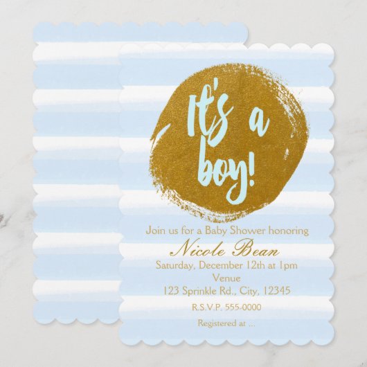 Het is een jongensblauw goudfolie Waterverf uitnod Kaart (Voorkant / Achterkant)