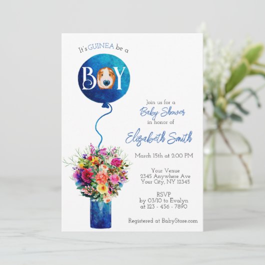 Het is een jongensblauwe ballon cavia baby shower kaart (Staand voorkant)