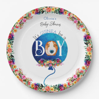 Het is een jongensblauwe ballon cavia baby shower papieren bordje