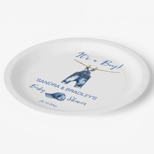 Het is een jongensblauwe jeans baby shower sjabloo papieren bordje (Gekanteld)