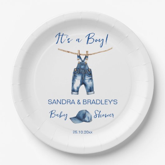 Het is een jongensblauwe jeans baby shower sjabloo papieren bordje (Voorkant)