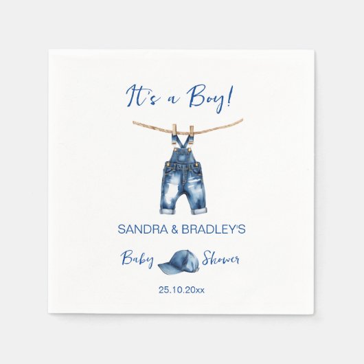 Het is een jongensblauwe jeans baby shower sjabloo servet (Voorkant)
