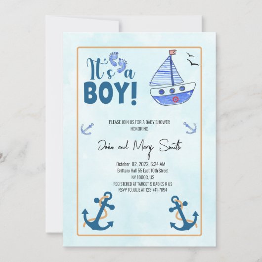 Het is een jongensgeboorte Nautical Sailboat baby  Kaart (Voorkant)