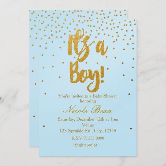 Het is een jongenslichtblauwe en gouden Confetti-u Kaart (Voorkant / Achterkant)